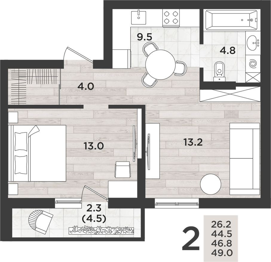 2к. квартира, 46.8 м²