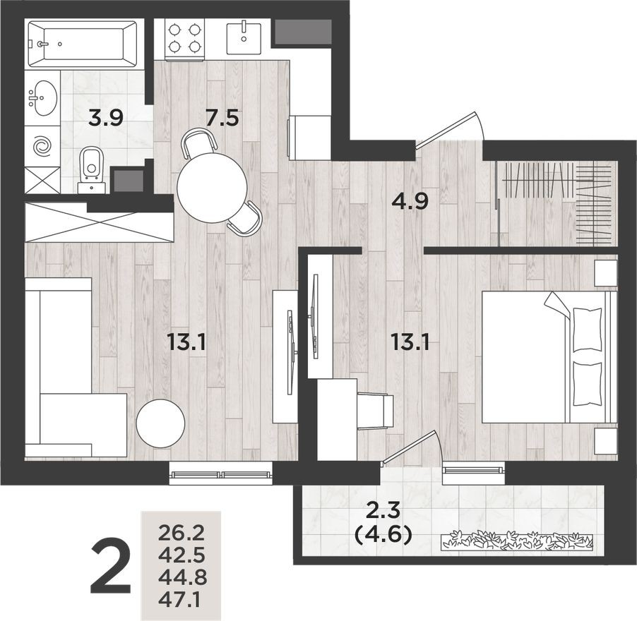 2к. квартира, 44.8 м²