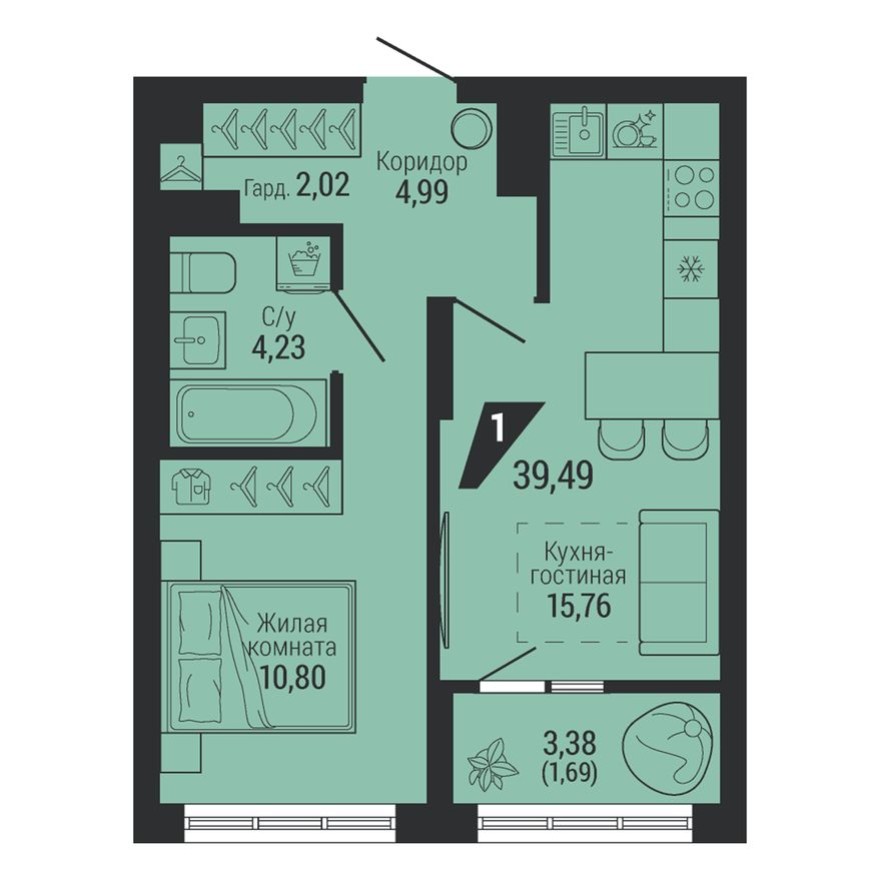 1к. квартира, 39.5 м²