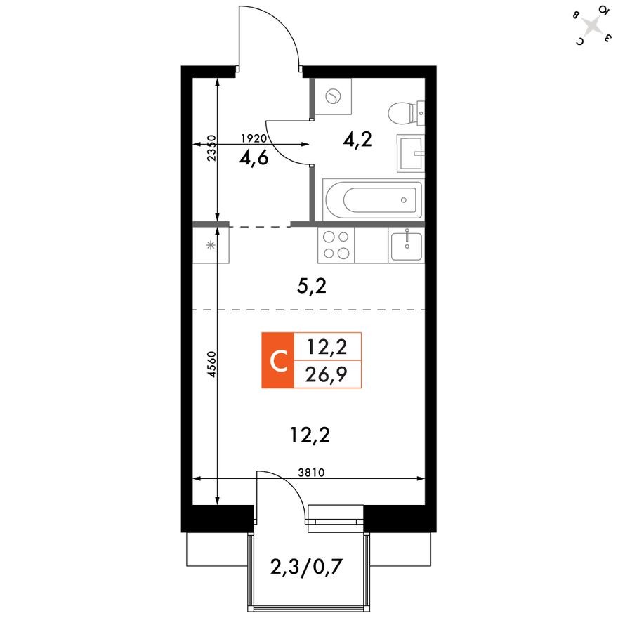 Студия-квартира, 26.9 м²