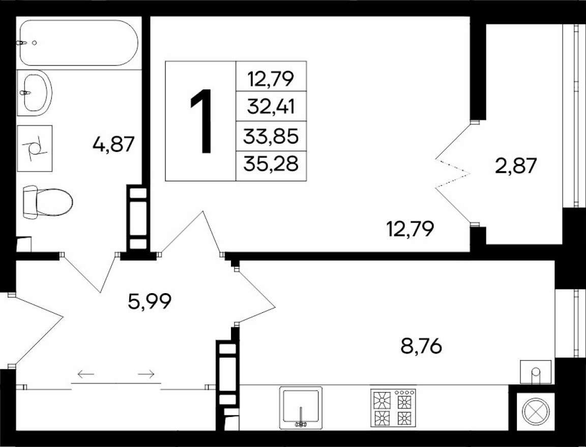 1к. квартира, 35.3 м²