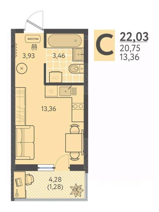 1к. квартира, 21.6 м²