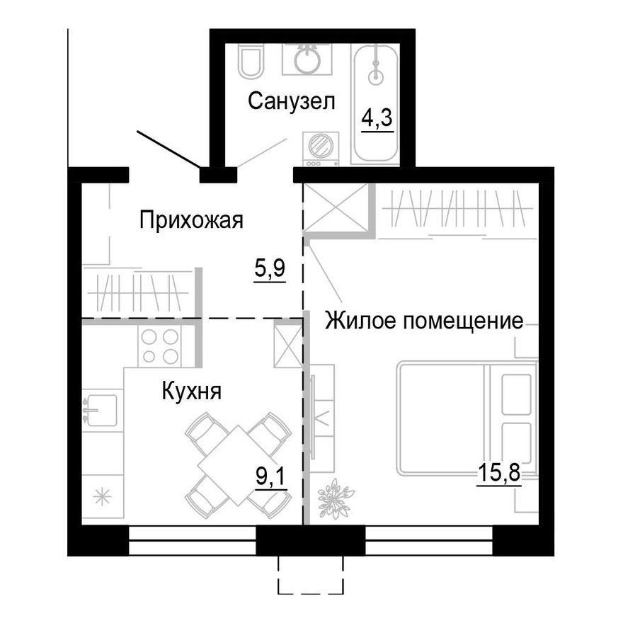 1к. квартира, 35.1 м²