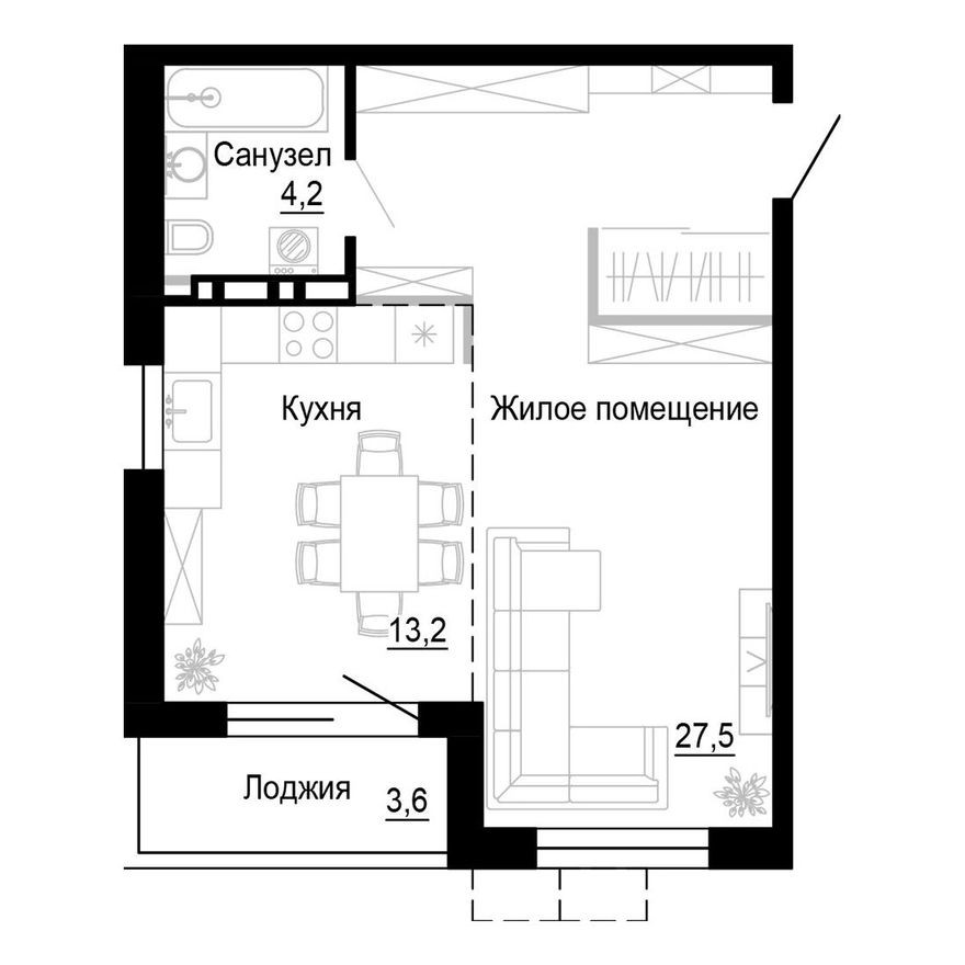 1к. квартира, 44.6 м²