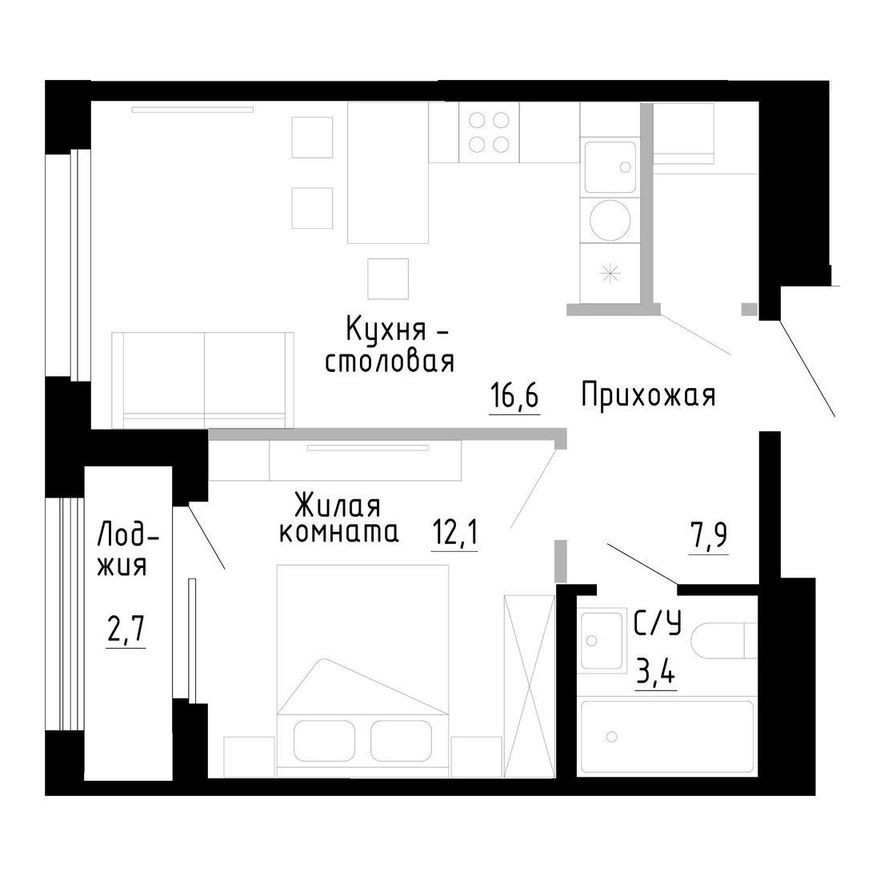 1к. квартира, 41.4 м²