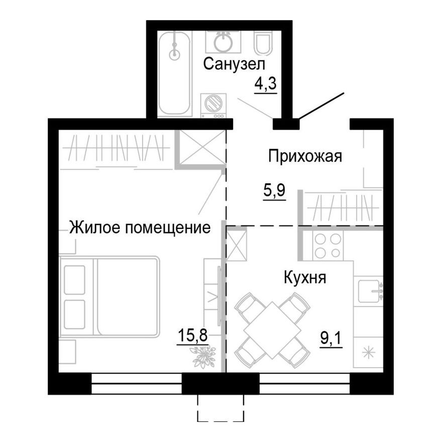 1к. квартира, 35.0 м²