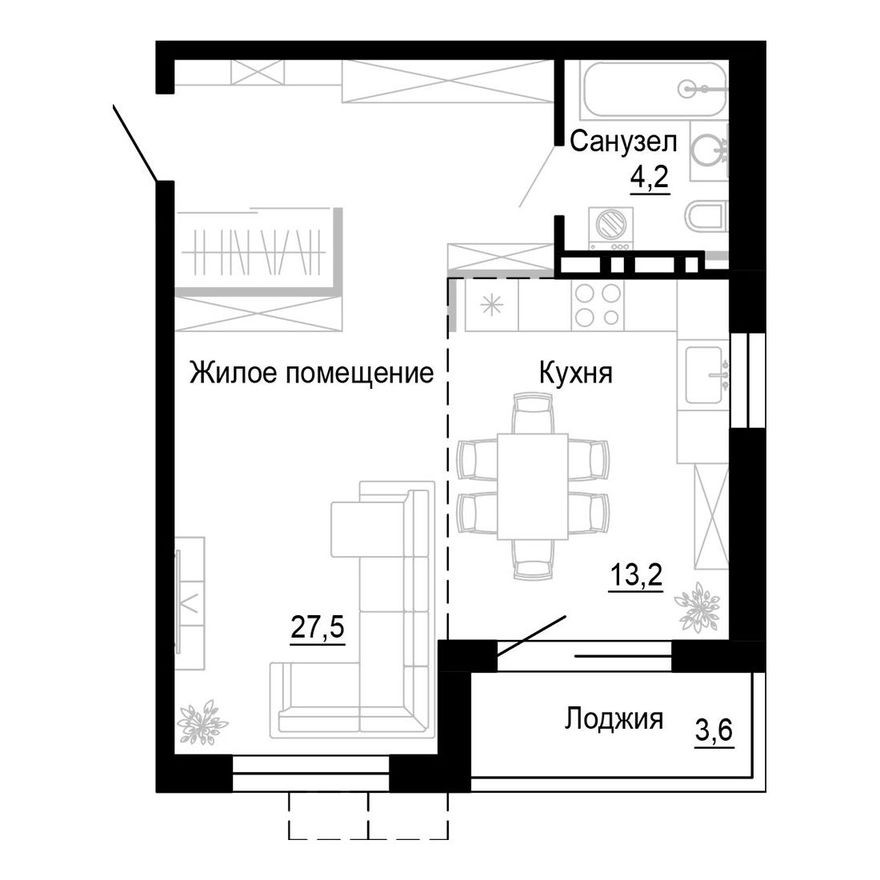 1к. квартира, 44.7 м²