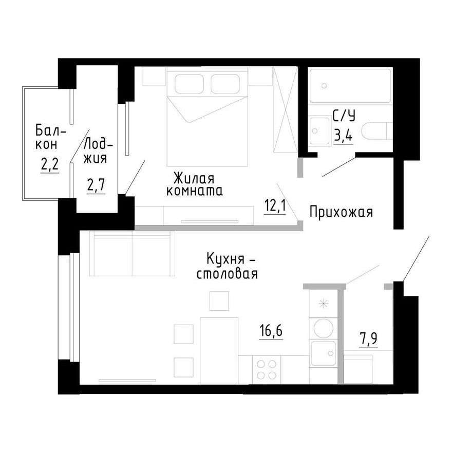 1к. квартира, 42.1 м²