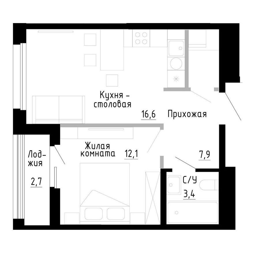 1к. квартира, 41.4 м²