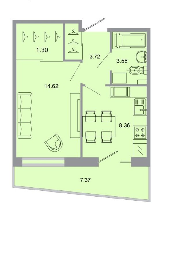 1к. квартира, 32.8 м²