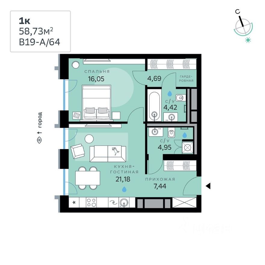 1к. квартира, 58.7 м²