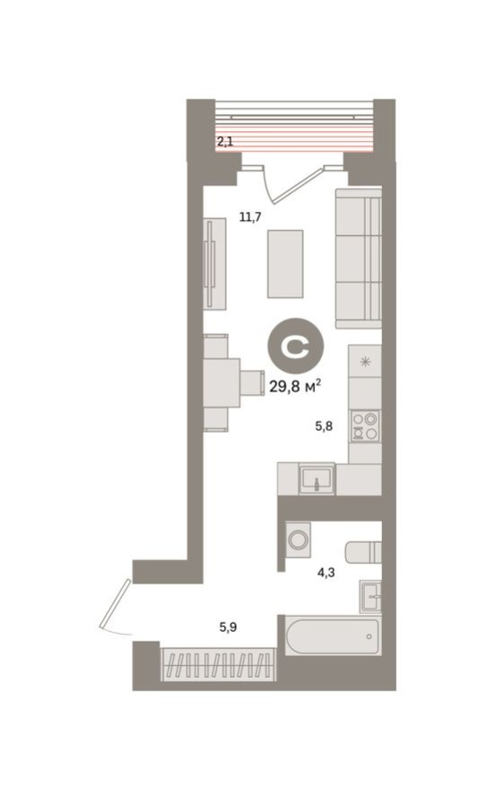 Студия-квартира, 29.8 м²