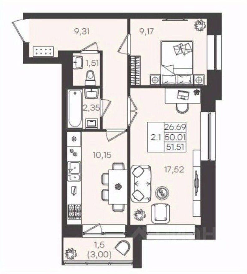 2к. квартира, 51.9 м²