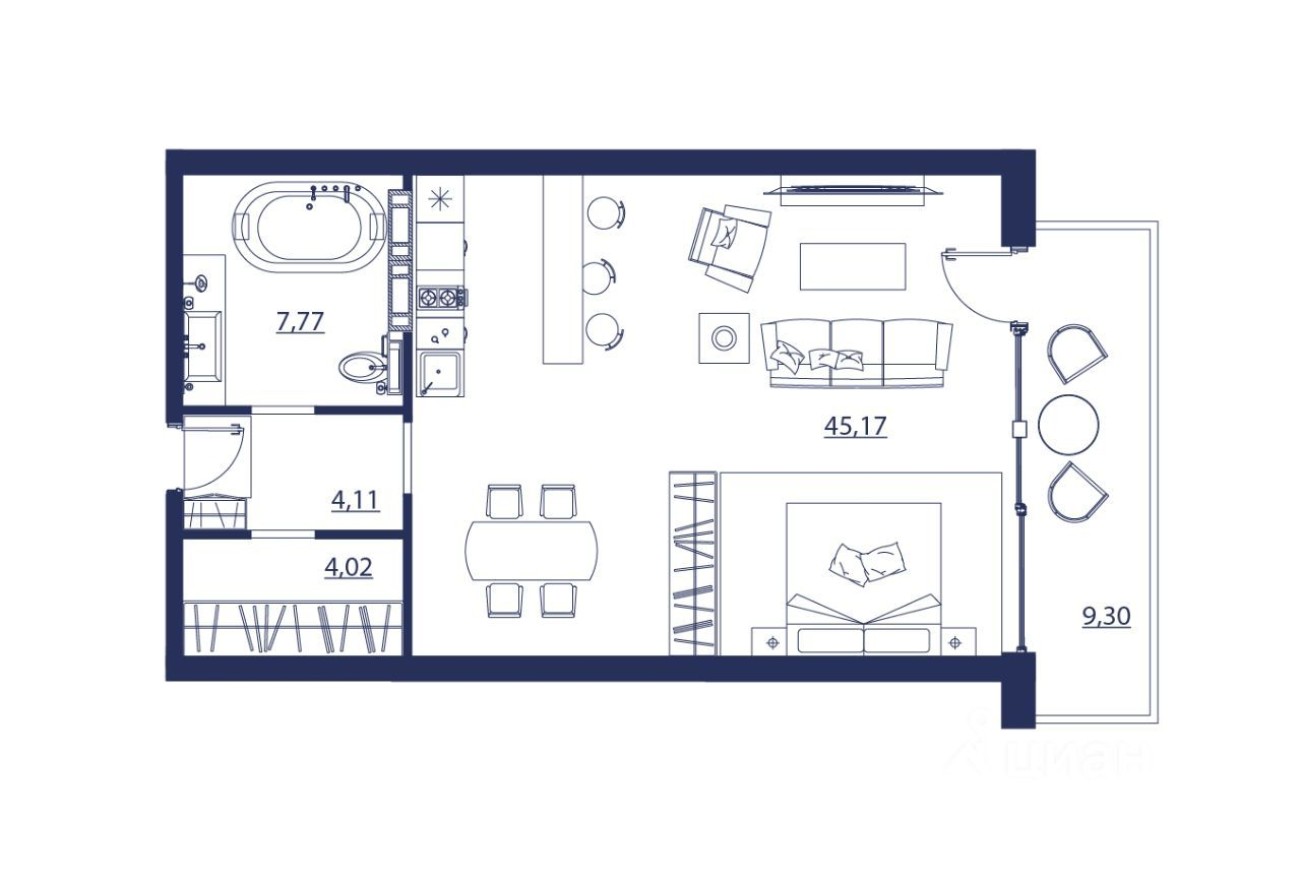 Студия-апартаменты, 70.4 м²