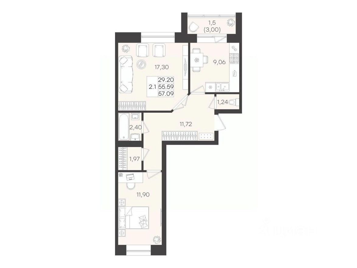 2к. квартира, 57.7 м²