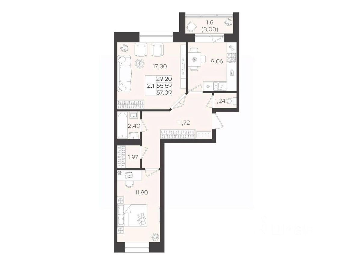2к. квартира, 57.7 м²