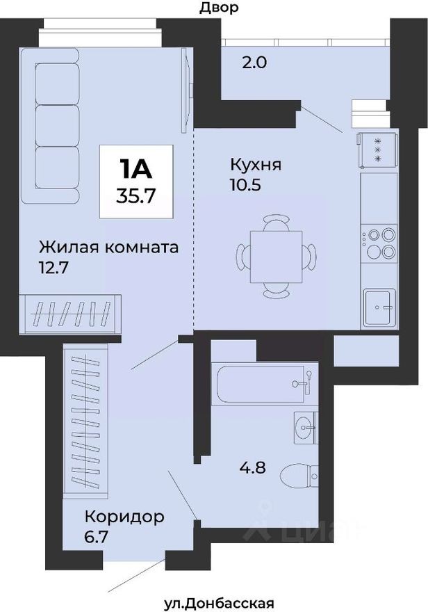 1к. квартира, 35.7 м²