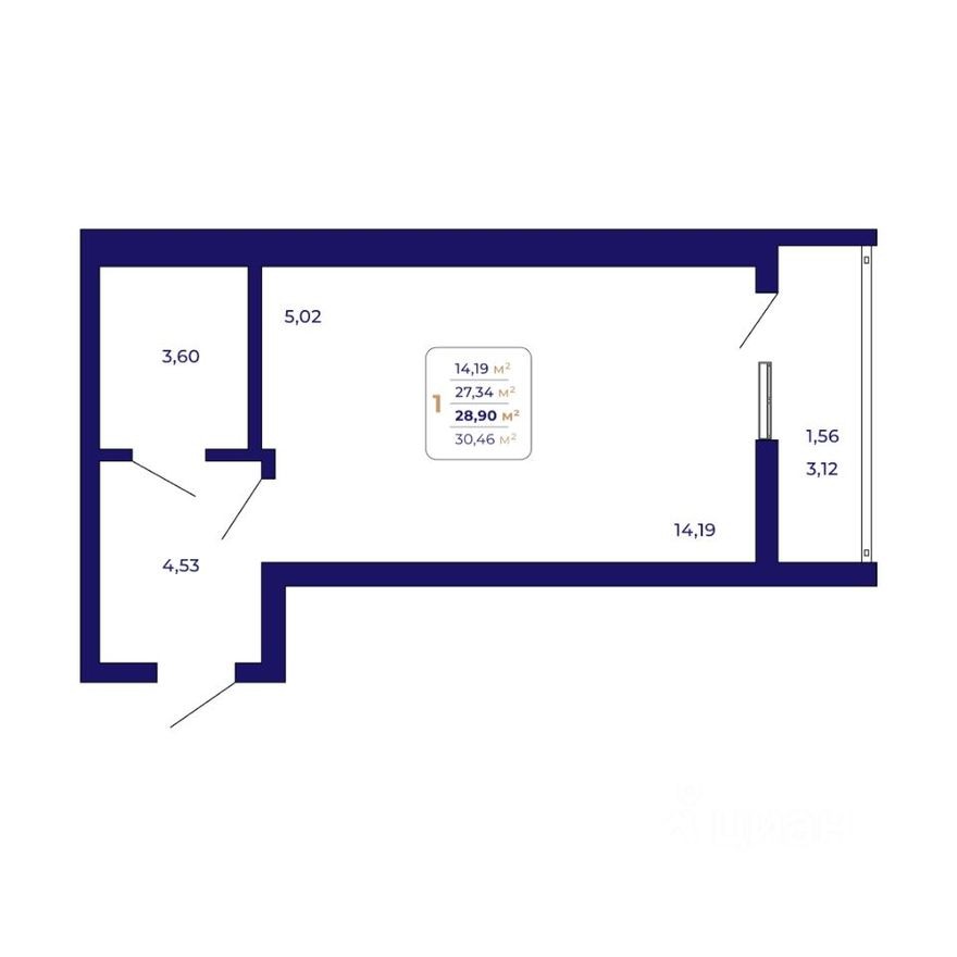 1к. квартира, 28.9 м²