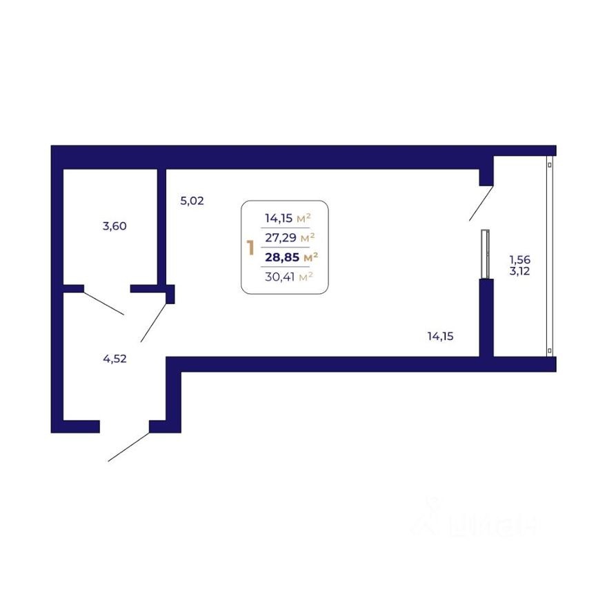 1к. квартира, 28.9 м²