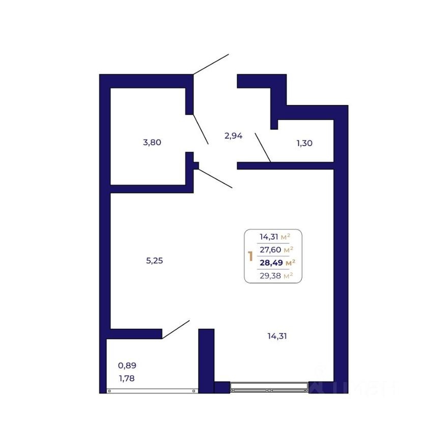 1к. квартира, 28.5 м²
