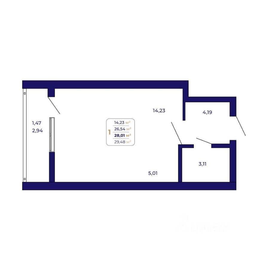 1к. квартира, 28.0 м²