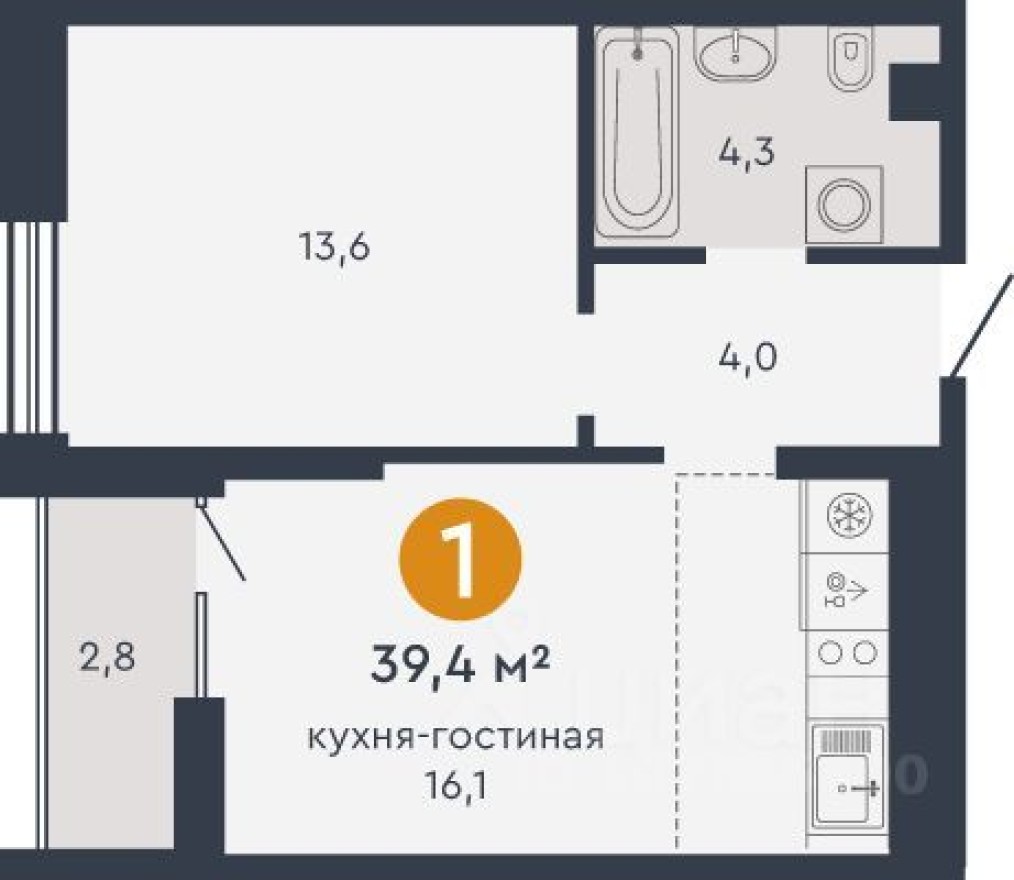1к. квартира, 39.4 м²