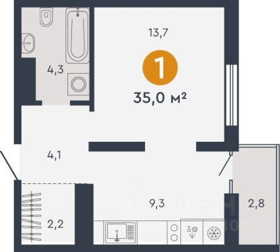 1к. квартира, 35.0 м²