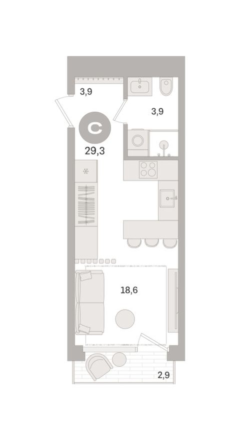 Студия-квартира, 29.3 м²