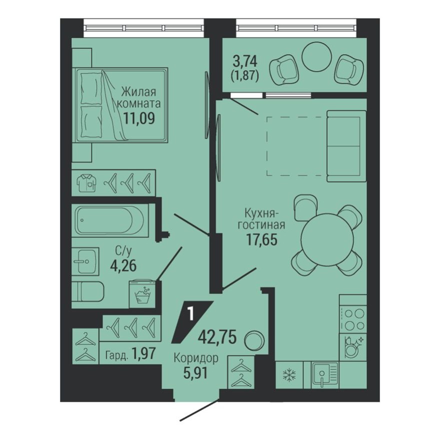 1к. квартира, 42.8 м²