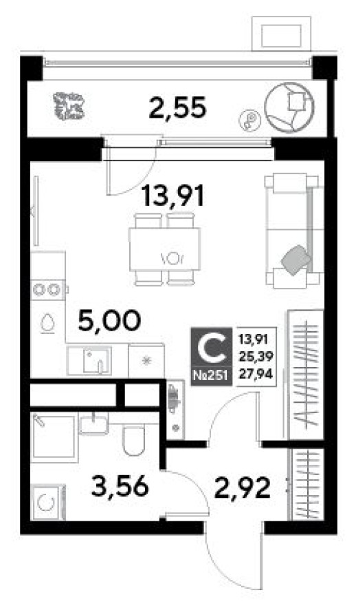 Студия-квартира, 27.9 м²