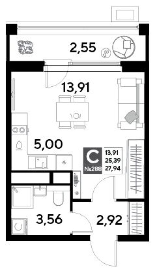 Студия-квартира, 27.9 м²