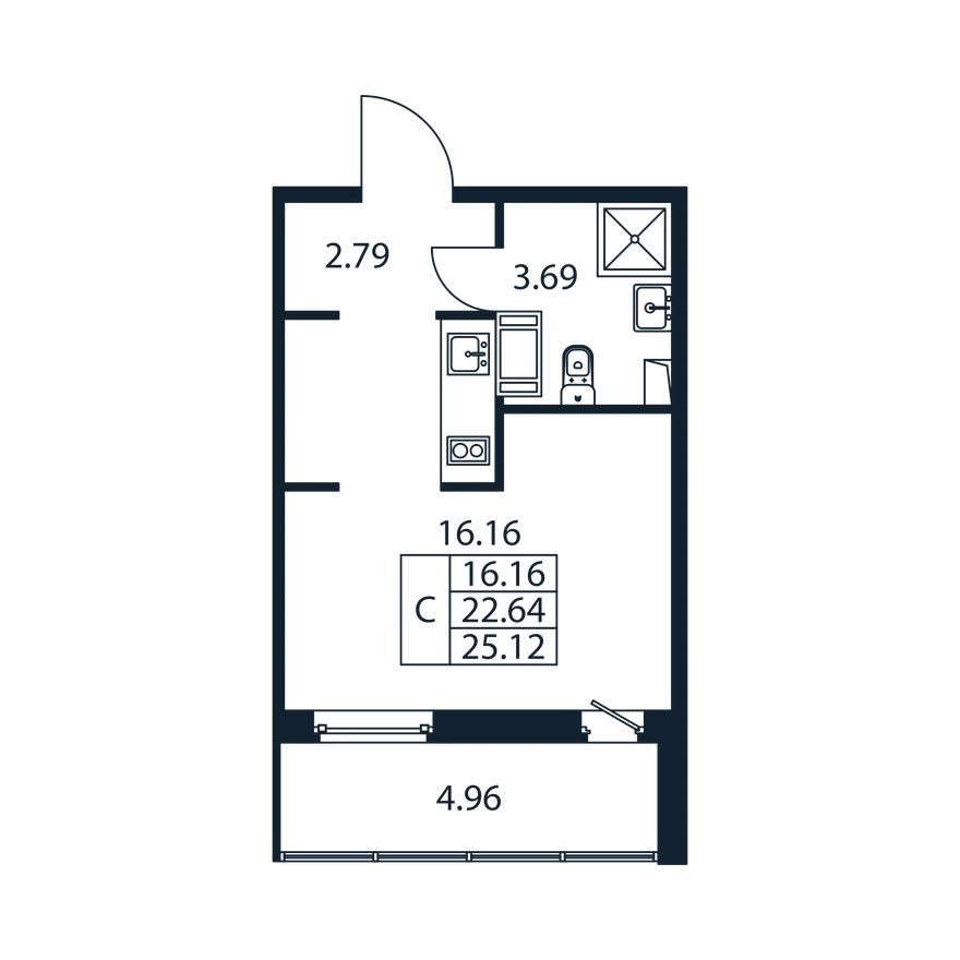 Студия-квартира, 22.4 м²