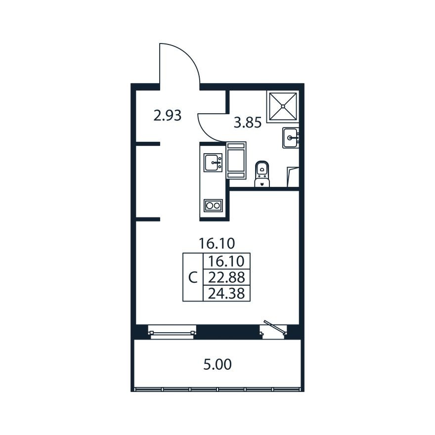 Студия-квартира, 22.5 м²