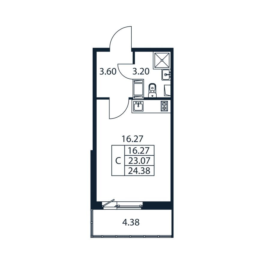 Студия-квартира, 22.7 м²