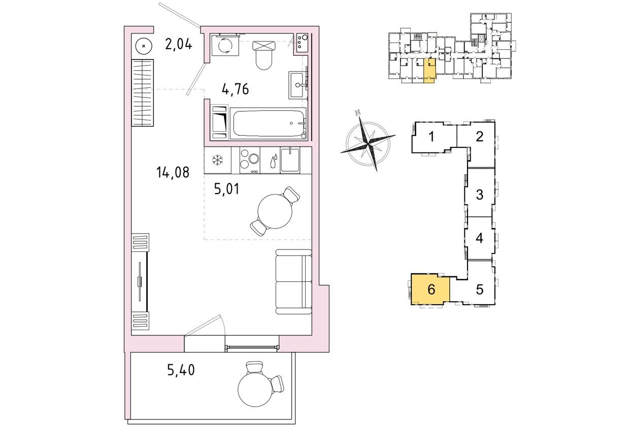 1к. квартира, 27.5 м²