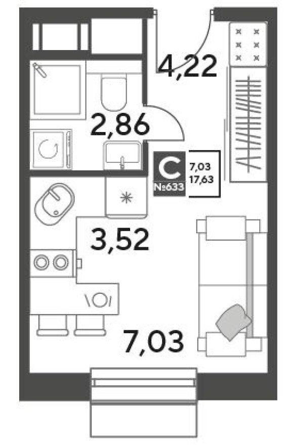 Студия-квартира, 17.6 м²