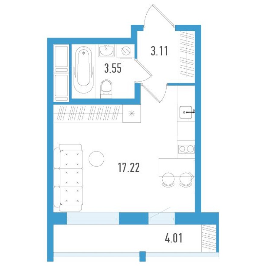 Студия-квартира, 25.1 м²