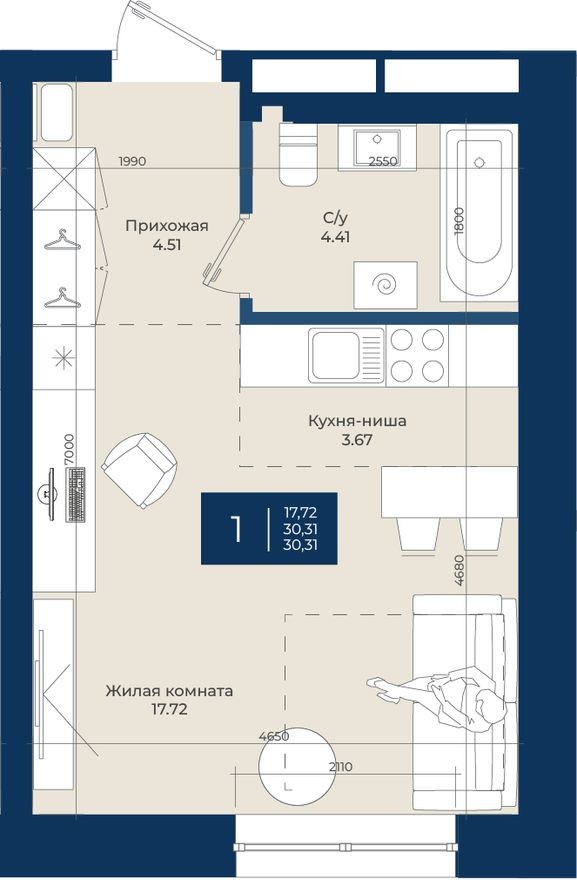 Студия-квартира, 30.3 м²