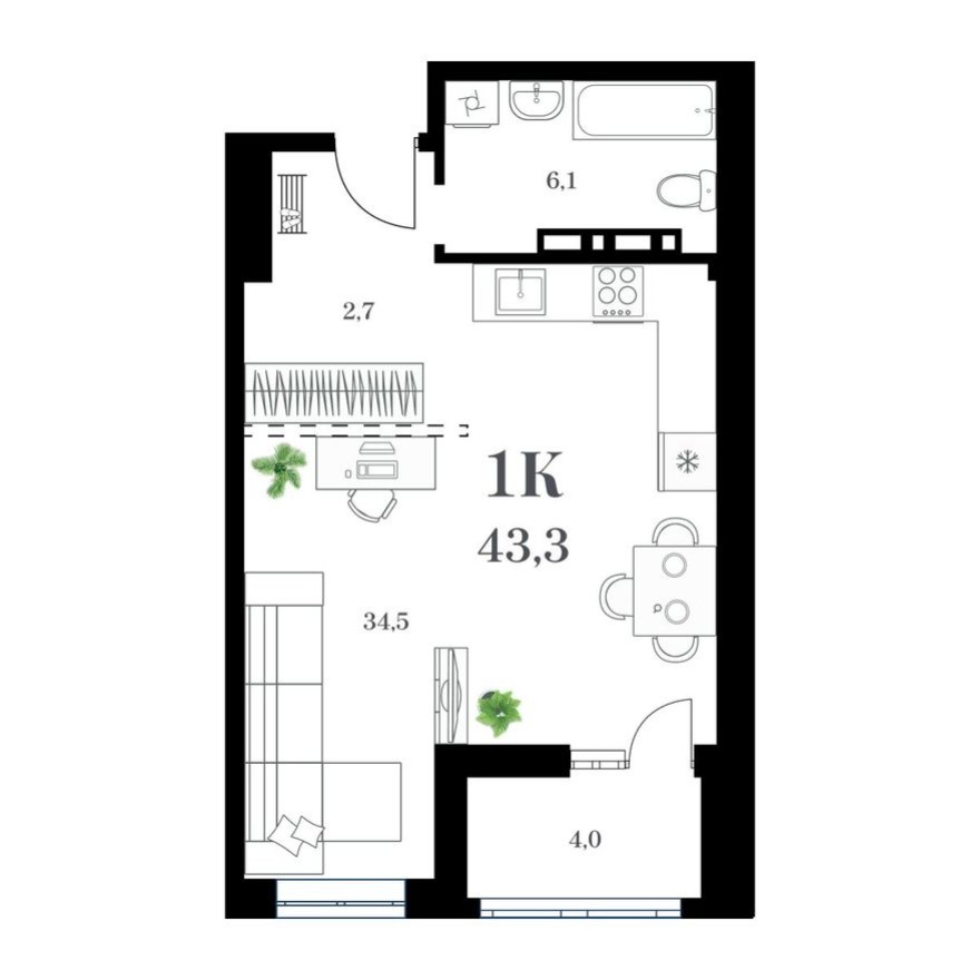 1к. квартира, 45.7 м²