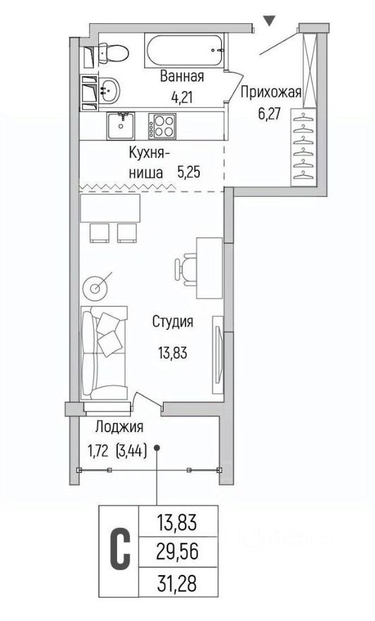 1к. квартира, 31.3 м²