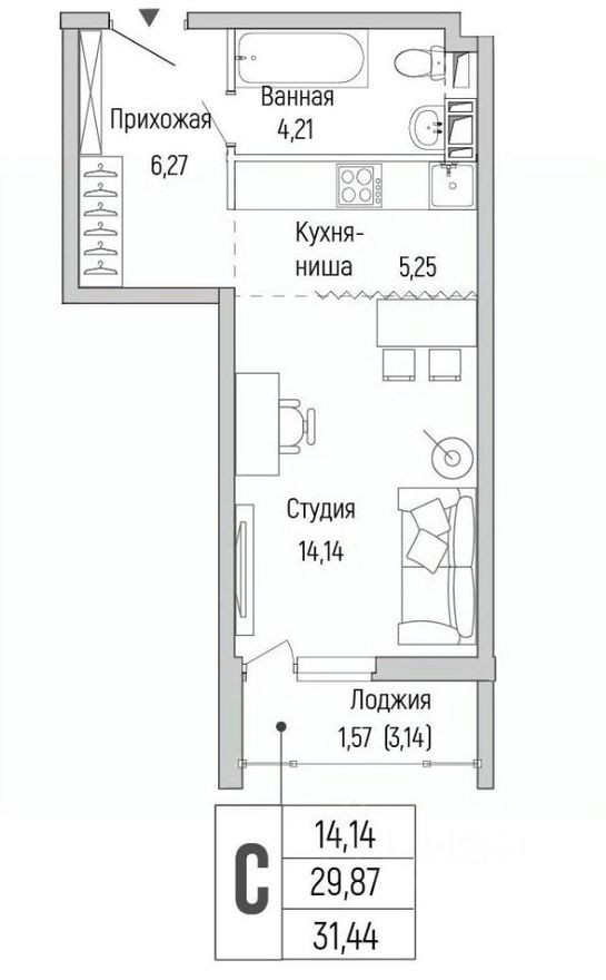 1к. квартира, 31.4 м²