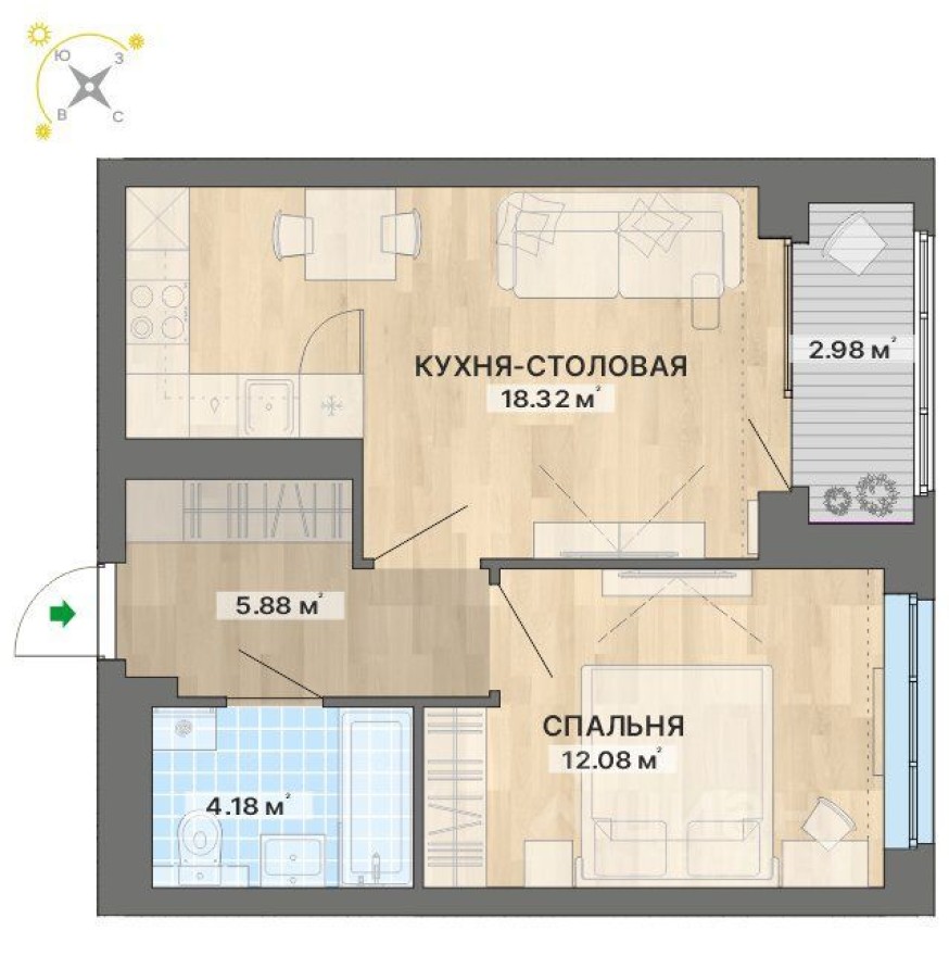1к. квартира, 43.4 м²