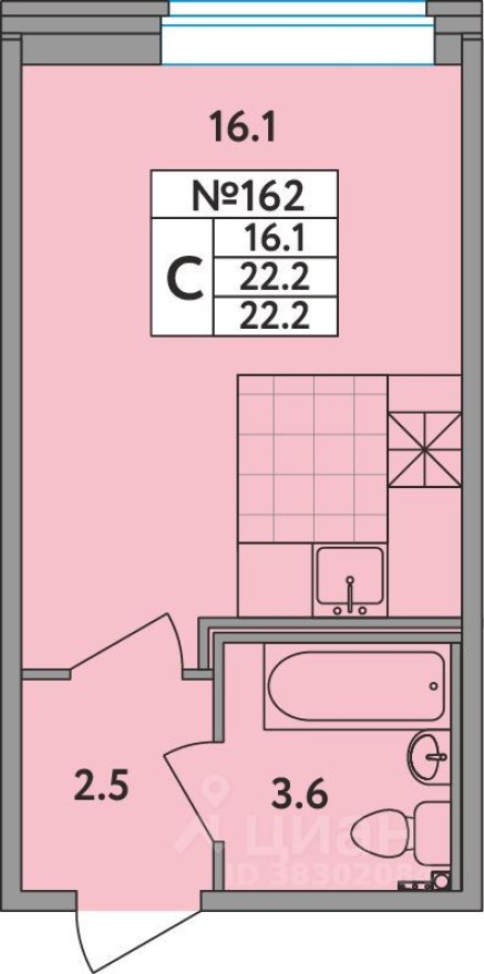 1к. квартира, 22.2 м²