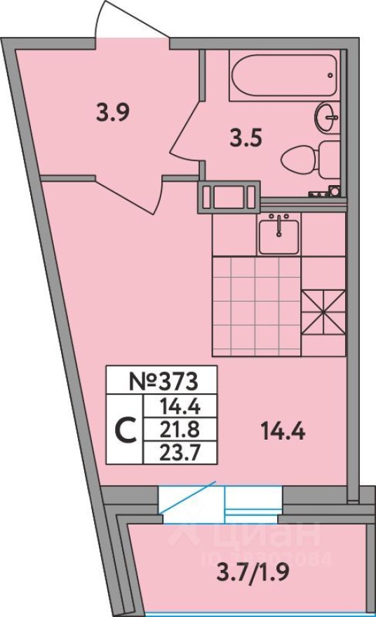 1к. квартира, 23.7 м²