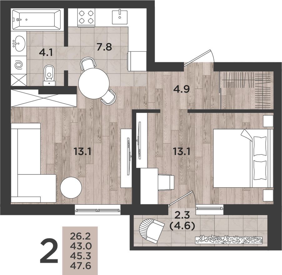 2к. квартира, 45.3 м²