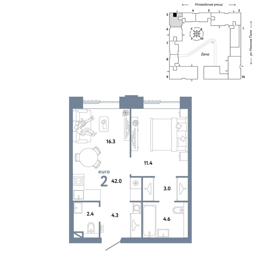 1к. квартира, 42.0 м²
