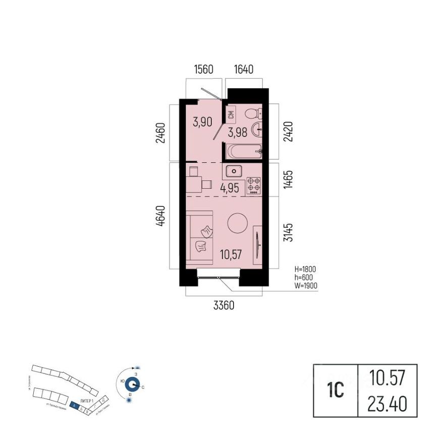 1к. квартира, 23.4 м²