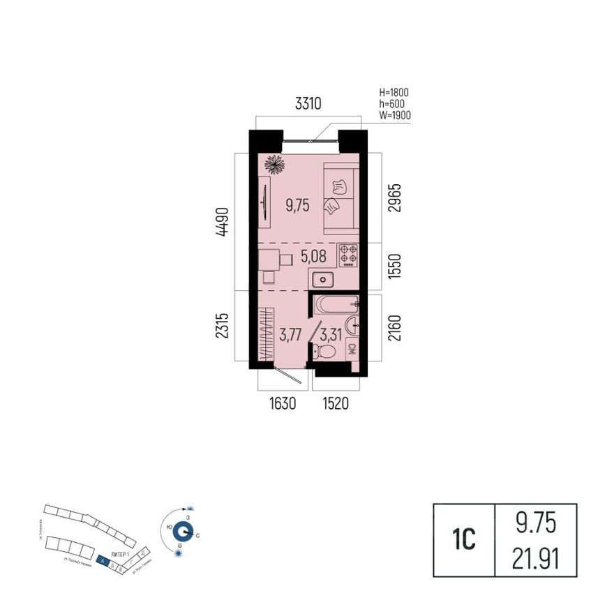 1к. квартира, 21.9 м²