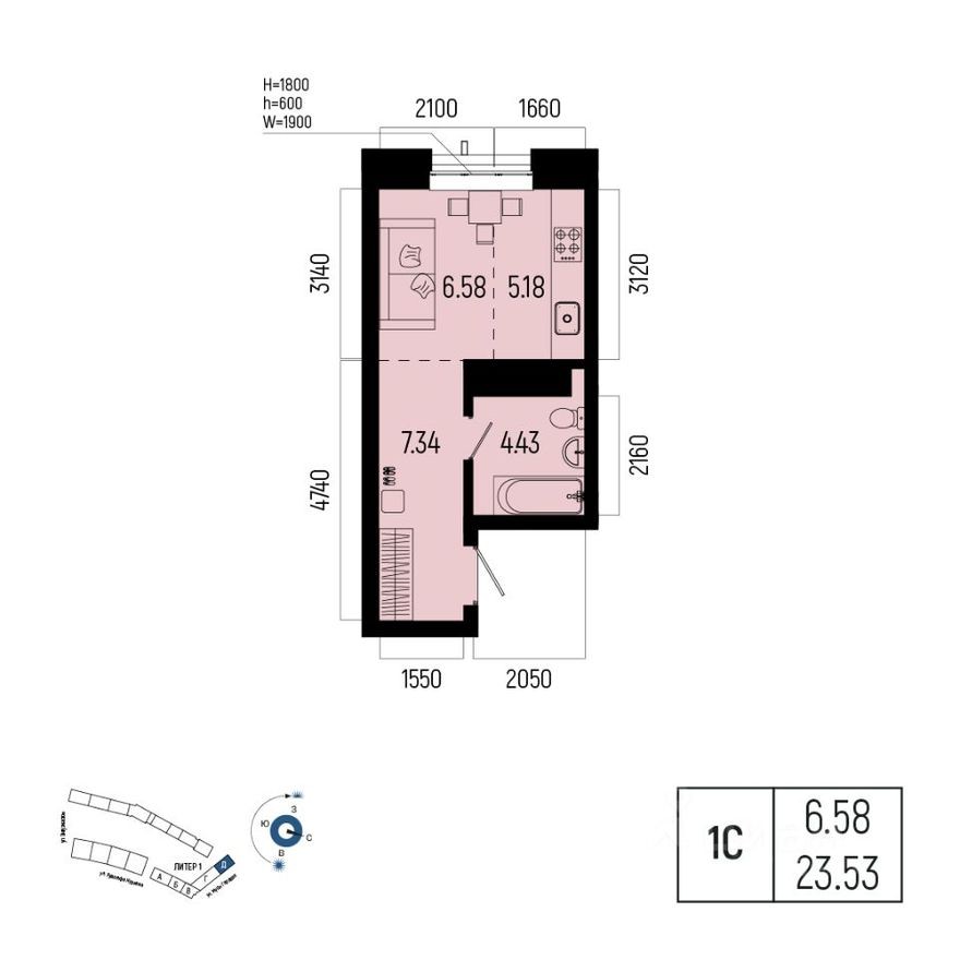 1к. квартира, 23.5 м²