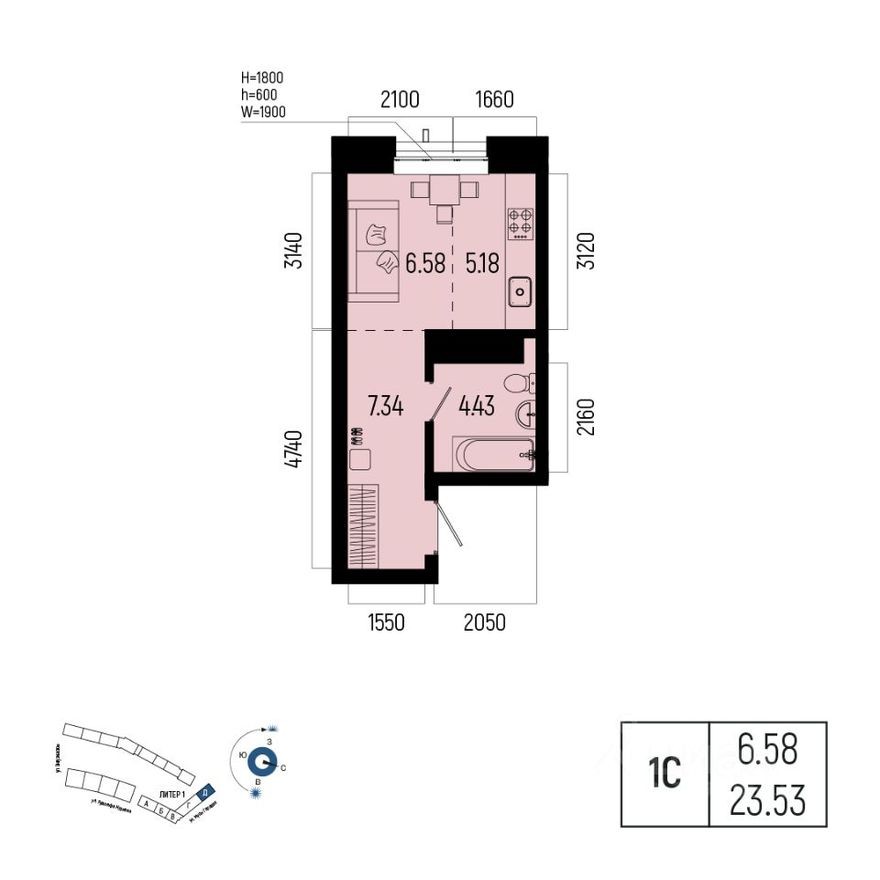 1к. квартира, 23.5 м²